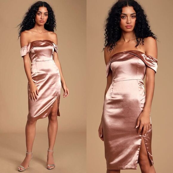 Lulu's Dresses & Skirts - Lulus Paparazzi‎ Shot Satin Off-Shoulder Midi Dress in Mauve Medium
